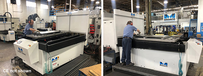Two images of machinist in a blue shirt loading metal parts on a MIDACO Automatic Pallet Changer mounted onto a vertical machining center in a machine shop. Right view, Left view.