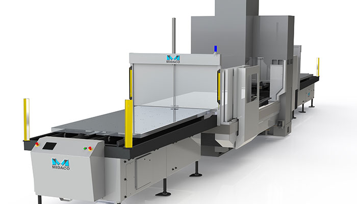 Render image showing 3/4 view of MIDACO Automatic Pallet Changer Dual Shuttle system with shuttle mounted on left side of a large vertical machining center.