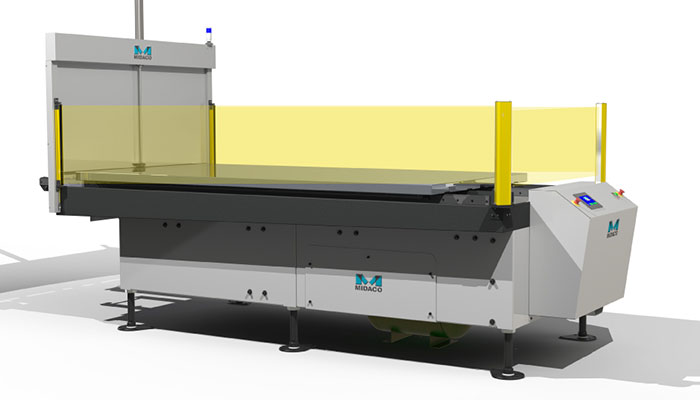 Midaco Automatic Pallet Changer render showing yellow light beams of CE light Curtain.