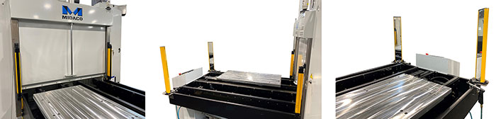 Three views of MIDACO Automatic Pallet Changer with yellow CE Light Curtain sensors. Front view, Left view, Right view.